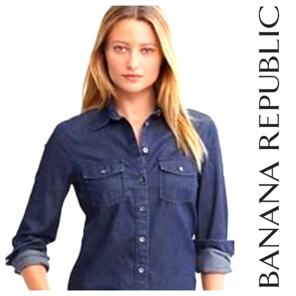 Banana Republic Tops - BANANA REPUBLIC dark wash like new cotton linen denim button long sleeve pockets